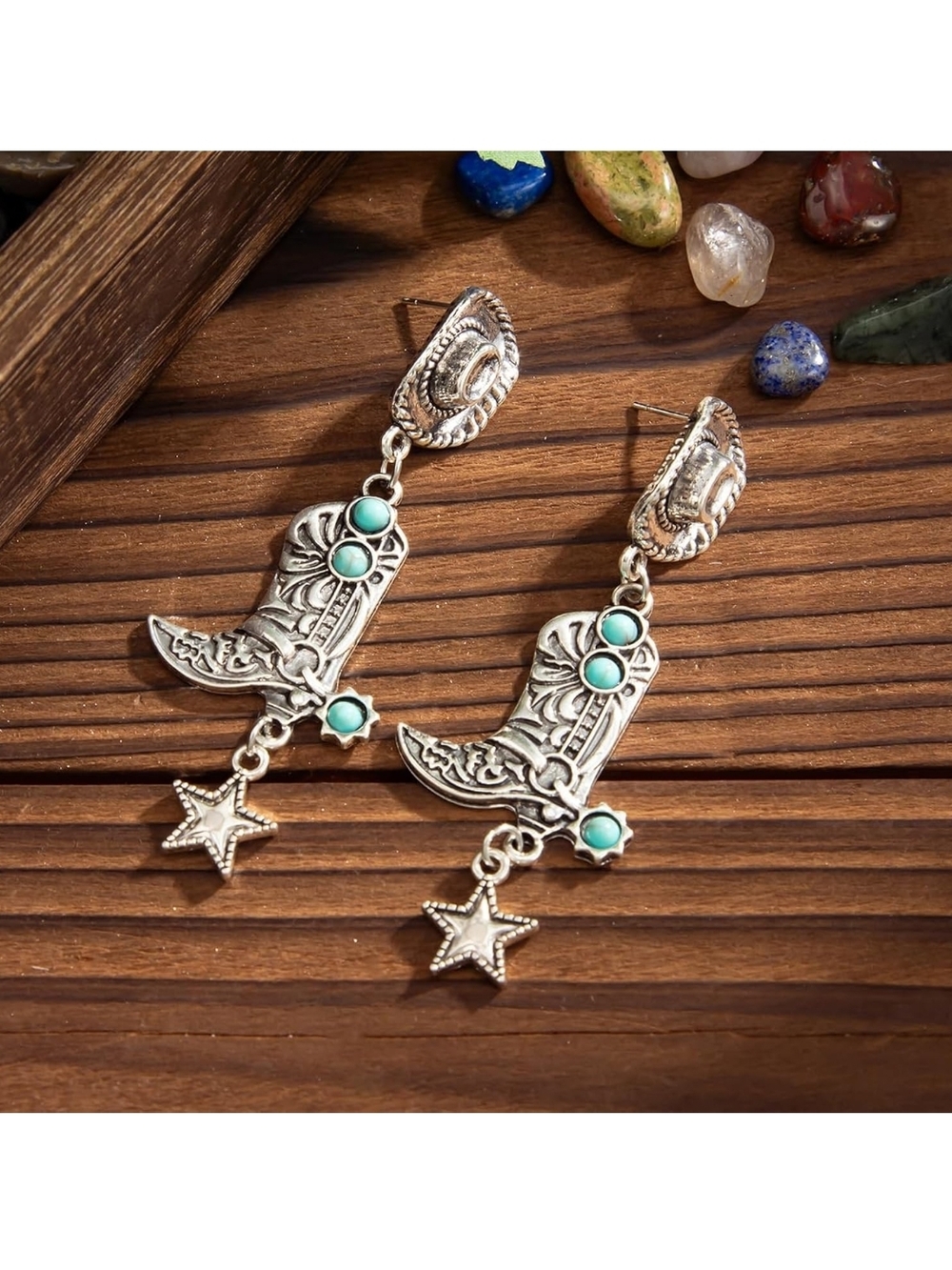 Turquoise Western Cowboy Boot Dangle Earrings - Women Jewelry - Picture 2 of 6